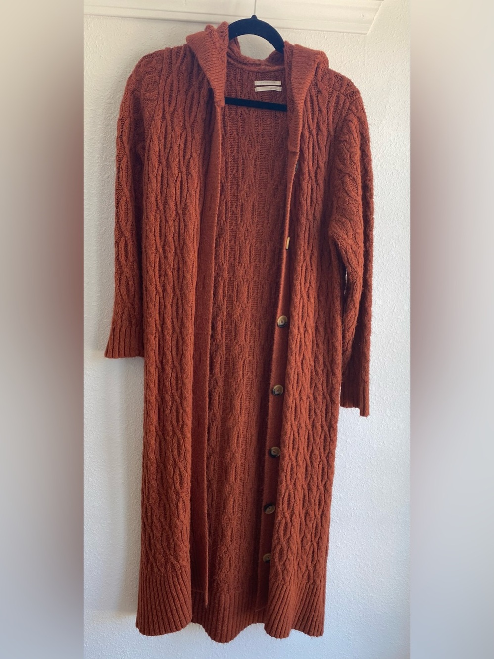 Anthropologie Rust Cable-Knit Hooded Long Cardigan